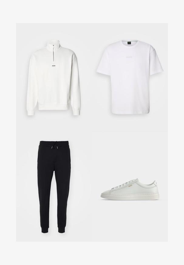Sudadera blanca de cuello alto con media cremallera, que presenta un pequeño logo negro "HUGO" centrado en el pecho. Textura de tela suave.; Camiseta de algodón blanca de manga corta, con escote redondo y logotipo grabado de "BOSS" en el pecho. Textura suave, ajuste estándar.; Pantalones de chándal negros de tela suave, con cintura elástica y cordón, bolsillos laterales y puños en los tobillos.; Zapatilla blanca de cuero de corte bajo con cordones, suela plana y pequeño logo dorado "BOSS" en el lateral, vista desde el lado exterior.