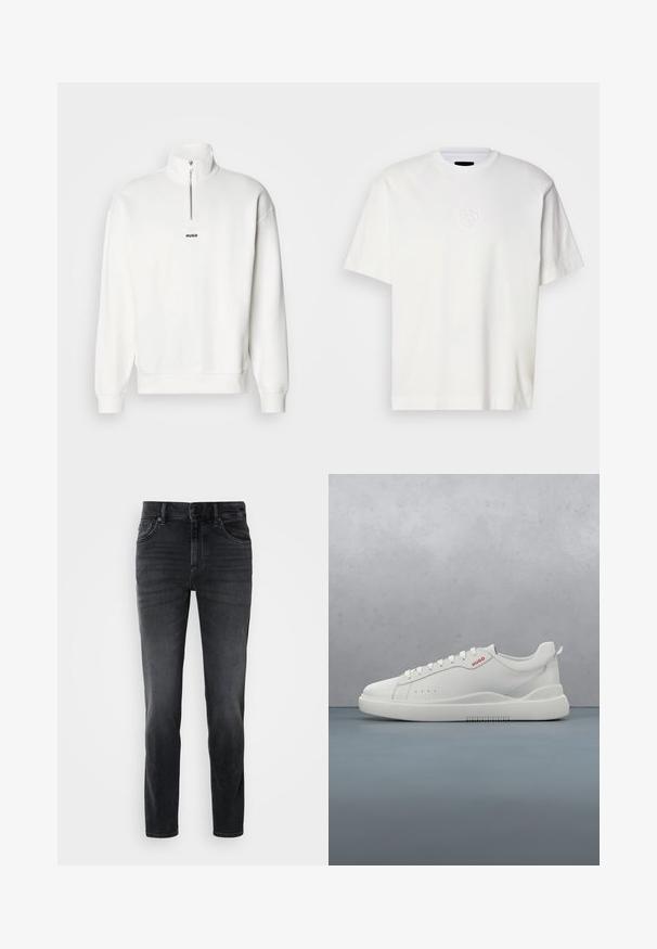 Hvid pullover sweatshirt med høj krave og halvlukning, der har et lille sort "HUGO" logo centreret på brystet. Blød stoftekstur.; Hvid bomulds T-shirt med rund hals, korte ærmer og præget cirkulært logo på venstre bryst. Glat tekstur og normale pasform.; Sorte denimjeans med slim fit, der har en mellemhøj talje, klassisk fem-lomme design og subtle falmning på benene.; Hvide sneakers med en glat læderfinish, rund tå, fire snørehuller, subtile perforeringer og en rød logo detalje på siden.