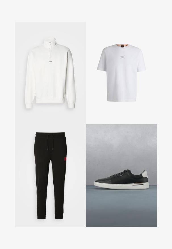 Hvid pullover sweatshirt med høj krave og halvlukning, der har et lille sort "HUGO" logo centreret på brystet. Blød stoftekstur.; Hvid bomuld T-shirt med korte ærmer, med et sort "BOSS" logo centreret på brystet og en rund halsudskæring.; Sorte sweatpants lavet af blødt stof, med elastik i taljen, slim fit og et rødt logo-patch på venstre lår.; Sort lædersneaker med hvid sål, har perforeringer, snørebåndsdesign, logo på siden og kontrasterende hældetalje i hvid og brun.