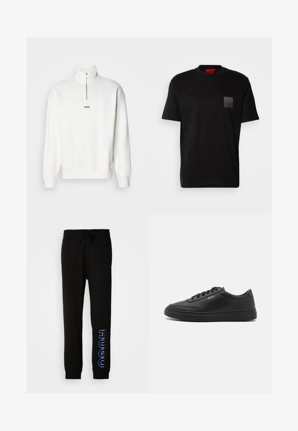 Sudadera blanca de cuello alto con media cremallera, que presenta un pequeño logo negro "HUGO" centrado en el pecho. Textura de tela suave.; Camiseta de algodón negra con cuello redondo, con un parche texturizado negro con el logo en el lado izquierdo del pecho. Mangas cortas y corte relajado.; Pantalones jogger negros con cintura elástica, cordón, bolsillos laterales y logo azul "HUGO" en la pierna izquierda. Material mezcla de algodón, ajuste casual.; Zapatillas de cuero negro con una textura suave, punta redondeada, suela plana de goma y cordones a tono. Presentan el logotipo dorado "BOSS" en el lateral.