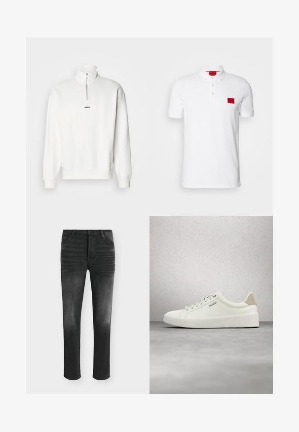 Hvid pullover sweatshirt med høj krave og halvlukning, der har et lille sort "HUGO" logo centreret på brystet. Blød stoftekstur.; Hvid polo t-shirt lavet af bomuld, med en tre-knaps placket, korte ærmer og et rødt rektangulært logo patch på venstre bryst.; Sorte skinny-fit jeans med falmede detaljer, fem-lomme-stil og knaplukning i taljen.; Hvid lav sneaker med snørebånd og beige hælflap med mærket "HUGO," svævende over en poleret betonflade nær en glasblokvæg.