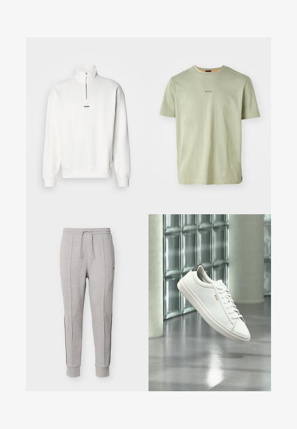 Hvid pullover sweatshirt med høj krave og halvlukning, der har et lille sort "HUGO" logo centreret på brystet. Blød stoftekstur.; Olivengrøn kortærmet T-shirt lavet af blødt stof, med rund halsudskæring og et lille "BOSS"-logo trykt i midten.; Lysegrå sweatpants med indsnævret pasform, elastisk linning, snøre, sidelommer, lodrette syninger og ribkant ved anklerne.; Hvid læder lav-top sneaker med snørebånd, sort hælflig og "BOSS"-logo, svævende indendørs nær glasblok væg og poleret gulv.