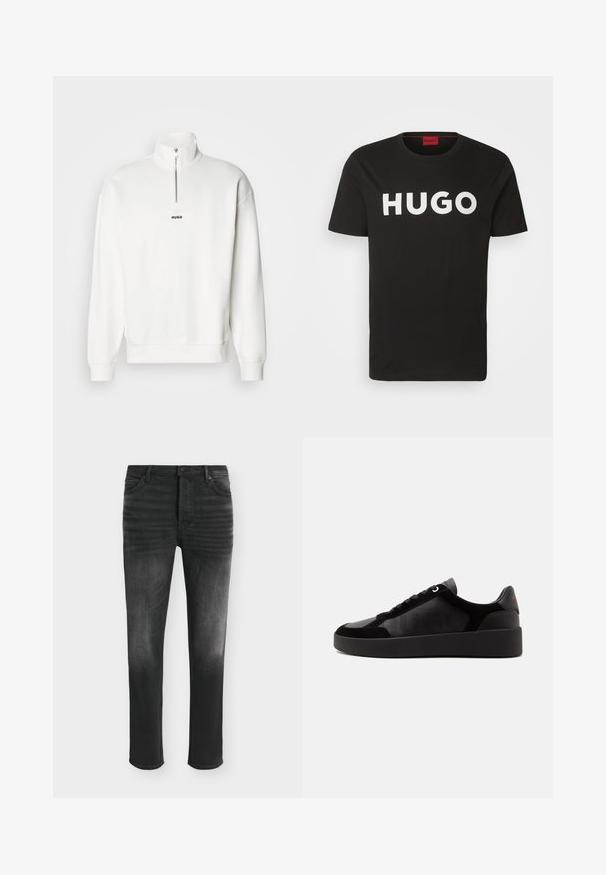 Weißer Pullover-Sweatshirt mit hohem Kragen und halbem Reißverschluss, versehen mit einem kleinen schwarzen "HUGO"-Logo, das zentral auf der Brust platziert ist. Weiches Stoffgefühl.; Schwarzes Baumwoll-T-Shirt mit Rundhalsausschnitt und kurzen Ärmeln, verziert mit einem auffälligen weißen "HUGO"-Logo auf der Vorderseite.; Schwarze Skinny-Jeans mit ausgebleichten Details, Fünf-Taschen-Stil und Knopfverschluss in der Taille.; Schwarzer Low-Top-Sneaker mit dicker Sohle, perforiertem Seitenpaneel mit Markennamen, Schnürdesign und dezentem roten Logo an der Fersenschlaufe.