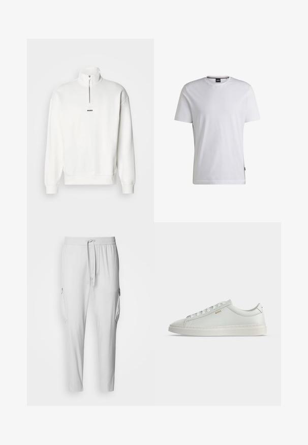 Witte pullover sweatshirt met een hoge kraag en een halve rits, uitgerust met een klein zwart "HUGO" logo gecentreerd op de borst. Zachte stoftextuur.; Witte T-shirt met korte mouwen van katoen. Heeft een ronde hals en een subtiele merklabel aan de zijkant. Zachte textuur en eenvoudig ontwerp.; BOSS URBANEX - Cargobroek - light pastel grey; Witte lage leren sneaker met veters, platte zool en klein gouden "BOSS" logo aan de zijkant, gezien vanaf de buitenkant.