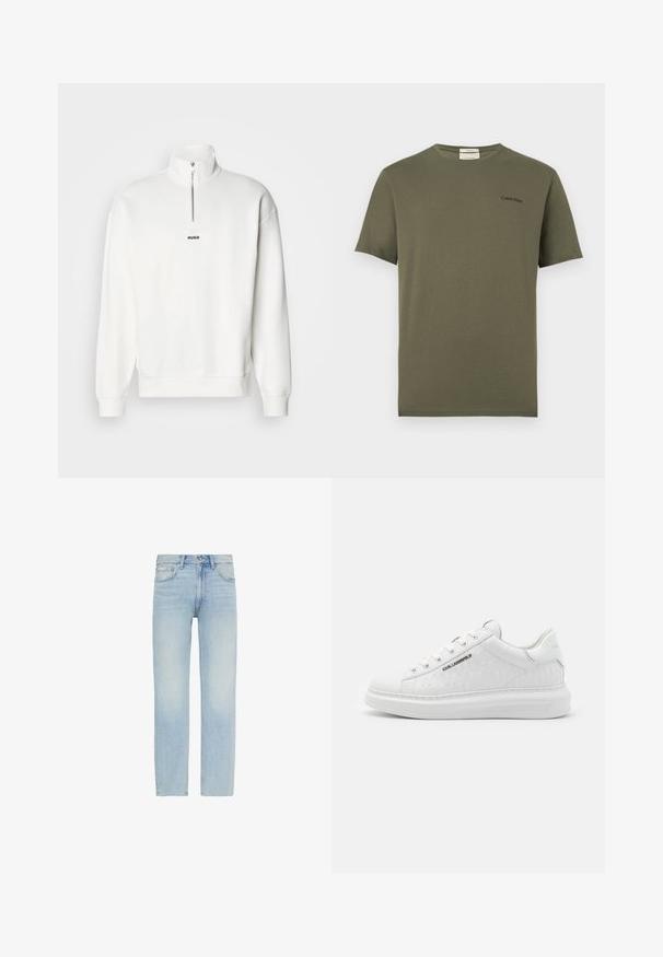 Hvid pullover sweatshirt med høj krave og halvlukning, der har et lille sort "HUGO" logo centreret på brystet. Blød stoftekstur.; Olivengrøn T-shirt med korte ærmer og rund hals med lille sort Calvin Klein-logo på venstre bryst.; Lyseblå straight-leg denim jeans med forreste knaplukning og fem-lommer design, inklusive et lille Calvin Klein mærke på forlommen.; Hvide sneakers lavet af glat læder med prægede mønstre. Har rund tå, snørebånd foran og struktureret sål. Sølvlogo detalje på siden.