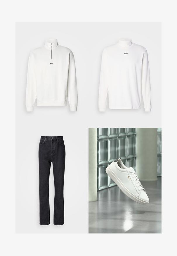 Weißer Pullover-Sweatshirt mit hohem Kragen und halbem Reißverschluss, versehen mit einem kleinen schwarzen "HUGO"-Logo, das zentral auf der Brust platziert ist. Weiches Stoffgefühl.; Weißes Langarm-Turtleneck-Shirt aus weichem Stoff, mit einem dezenten schwarzen "HUGO"-Logo auf der Vorderseite und engen Bündchen.; Hochtaillierte schwarze Jeans aus Denim mit Knopf- und Reißverschluss, Vorder- und Hintertaschen sowie einer geraden Passform.; Weißer Leder-Low-Top-Sneaker mit Schnürsenkeln, schwarzer Fersenschlaufe und „BOSS“-Logo, der drinnen nahe einer Glassteinwand und einem polierten Boden schwebt.