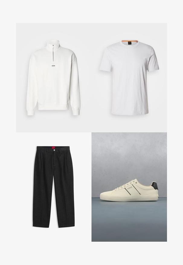 Sudadera blanca de cuello alto con media cremallera, que presenta un pequeño logo negro "HUGO" centrado en el pecho. Textura de tela suave.; Camiseta de manga corta blanca hecha de suave algodón, con un cuello redondo y un sutil detalle de logo en blanco a juego en la parte delantera.; Pantalones negros de talle alto con pliegues delanteros, trabillas para cinturón, cierre con botón y cremallera, y una etiqueta roja en el interior de la cintura.; Zapatillas de color crema con una textura suave, que presentan acentos y marcas en negro. Diseño clásico de cordones con punta redonda y suela de goma.