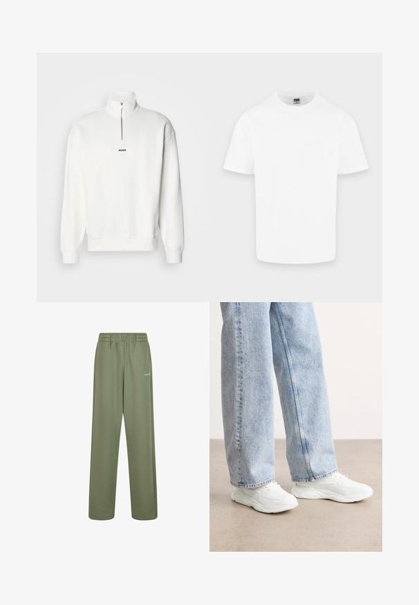 Sudadera blanca de cuello alto con media cremallera, que presenta un pequeño logo negro "HUGO" centrado en el pecho. Textura de tela suave.; Camiseta blanca lisa de algodón con cuello redondo y mangas cortas, mostrada sobre un fondo gris claro.; Pantalones de chándal verdes, sueltos y cómodos, hechos de tela suave, con una cinturilla ancha, dos bolsillos laterales y un discreto detalle de logo en la parte delantera.; Zapatillas deportivas blancas con un diseño liso y moldeado, y suelas texturizadas, combinadas con unos jeans de mezclilla sueltos y de color azul claro.