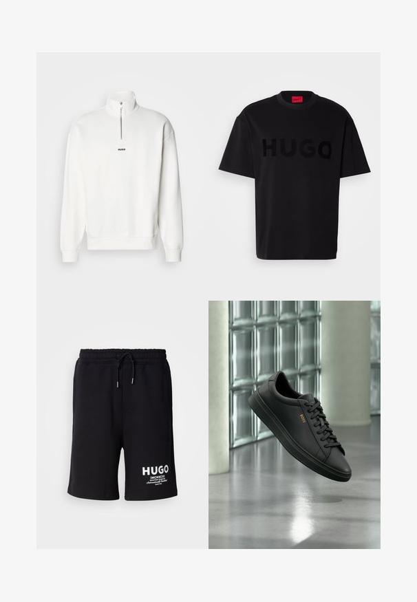 Weißer Pullover-Sweatshirt mit hohem Kragen und halbem Reißverschluss, versehen mit einem kleinen schwarzen "HUGO"-Logo, das zentral auf der Brust platziert ist. Weiches Stoffgefühl.; Schwarzes Baumwoll-T-Shirt mit kurzärmeligen, Rundhalsausschnitt, das ein großes, glänzendes schwarzes "HUGO"-Logo auf der Vorderseite trägt. Glatte Textur.; Schwarze Baumwollshorts mit einem elastischen Bund und Kordelzug. Weißes "HUGO"-Logo am linken Bein. Einfaches Design, knielanger Schnitt.; Schwarzer flacher Ledersneaker mit schwarzen Schnürsenkeln und goldenem BOSS-Logo an der Seite, schwebend über einem glänzenden grauen Boden in einem modernen Innenraum.