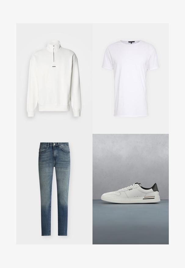 Hvid pullover sweatshirt med høj krave og halvlukning, der har et lille sort "HUGO" logo centreret på brystet. Blød stoftekstur.; Hvid bomulds t-shirt med rund halsudskæring, korte ærmer og lige snit. Har en enkel, glat overflade uden yderligere mønstre.; Herre slim-fit blå jeans med diskret falmet detalje, knaplukning og design med fem lommer.; Hvide lavtoppede sneakers med sort hæl, snørebånds lukning, subtile perforeringer og "BOSS" logo på siden, vist fra ydersiden i profil.