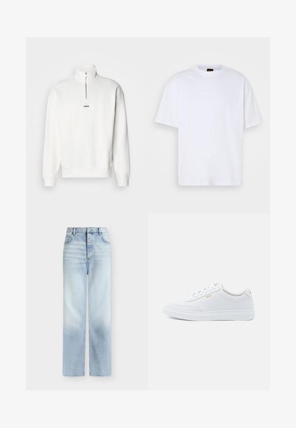 Hvid pullover sweatshirt med høj krave og halvlukning, der har et lille sort "HUGO" logo centreret på brystet. Blød stoftekstur.; Hvid bomulds T-shirt med rund hals, korte ærmer og en afslappet pasform. Har strukturerede skuldersømme for ekstra detaljer.; Lyseblå, højtaljede jeans med rette ben, forlommer, bæltestropper og knaplukning.; Hvide lædersneakers med glat tekstur, rund tå og ton-i-ton syning. Har blå snørebånd og et gult logo på siden.