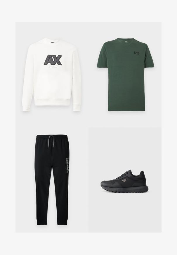 Witte sweatshirt gemaakt van zachte stof. Kenmerkt een opvallend zwart en grijs "AX"-logo met een gequiltde textuur en de tekst "ARMANI EXCHANGE" eronder.; Donkergroene T-shirt met korte mouwen en V-hals met klein zwart EA7 Emporio Armani-logo op de linkerborst.; Zwarte joggingbroek met een elastische tailleband, verstelbaar trekkoord en gedrukt logo aan de zijkant. Soepele stof met een taps toelopend ontwerp.; Zwarte hardloopschoenen met een gestructureerde bovenkant, vetersluiting en een dikke rubberen zool met diepe profielen voor grip. Zilveren merklogo aan de zijkant.