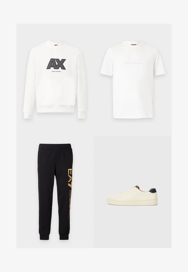 Valkoinen huppari pehmeästä kankaasta. Sen etupuolella on vaikuttava musta ja harmaa "AX" -logo, jossa on kiiltävä rakenne, ja sen alla lukee "ARMANI EXCHANGE".; Valkoinen lyhythihainen pyöreäkauluksinen t-paita, jossa on hienovarainen kohokuvioitu Emporio Armani -logo rinnan keskellä.; Mustat collegehousut pehmeästä kankaasta, joissa on joustava vyötärö ja kuminauhakutistukset nilkoissa. Keltainen brändäys tulostettu pystysuoraan vasempaan jalkaan.; Valkoiset nahkakengät, joissa on teksturoitu pinta, pyöreä kärki ja tummansininen kantapääkorostus. Sisältää sivusomistuksia ja teksturoidun pohjan.