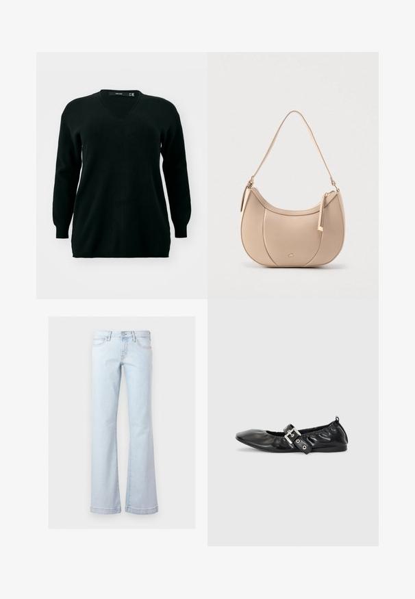 Vero Moda Curve VMCGOLD ROLL LONG VNECK - Pullover - black; Jean en denim bleu clair taille haute avec poches avant, fermeture par boutons et jambes évasées larges.; Chaussure plate en cuir noir avec un nez pointu, des détails froncés autour de l'ouverture et un accent en boucle argentée sur la bride ajustable.; Sac bandoulière en cuir beige de forme croissant, avec fermeture à glissière supérieure et une bandoulière amovible. Présente une quincaillerie dorée et des accents cousus.