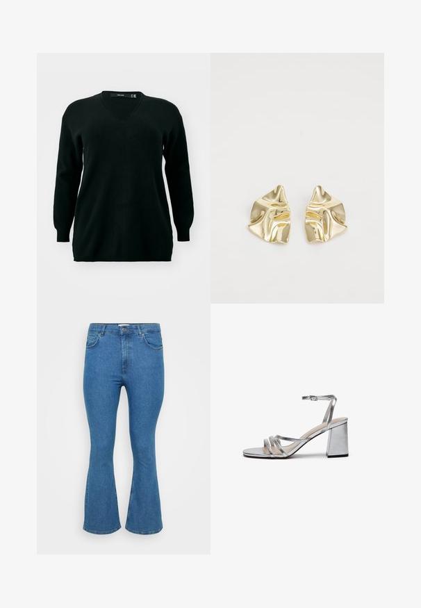 Vero Moda Curve VMCGOLD ROLL LONG VNECK - Pullover - black; Jean denim bleu évasé avec taille haute, doté de cinq poches, d'une fermeture éclair, et de détails de couture le long des coutures.; Sandale à talon haut en métal argenté avec un talon bloc, une fine sangle de cheville et plusieurs larges bandes sur l'avant du pied. Texture lisse.; Boucles d'oreilles en métal doré avec un design ondulé ; surface lisse et réfléchissante ; forme asymétrique ; sans motifs ni éléments visibles.