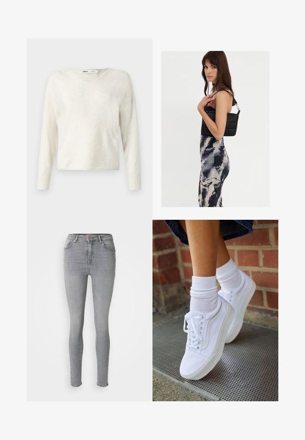 V-hals creme sweater lavet af blødt materiale, med lange ærmer og ribbede manchetter, i et let cropped, løst design.; Grå denim skinny jeans med en glat tekstur, høj talje, fem-lomme design og metalknaplukning foran.; Hvide lærreds sneakers med gummisåler, der har seks snørehuller, rund tå og let sømdetaljer, krydret med hvide ankelstrømper.; Sort quiltet skuldertaske med en enkelt rem og sølvhardware, parret med en tætsiddende kjole med tie-dye mønster i nuancer af sort og creme.