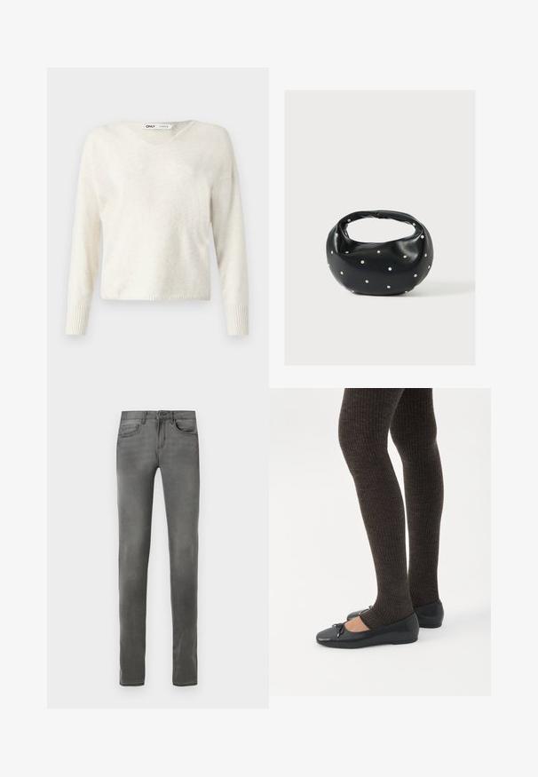 V-hals creme sweater lavet af blødt materiale, med lange ærmer og ribbede manchetter, i et let cropped, løst design.; Grå denimjeans med slim fit, der har fem lommer, knaplukning og en blød tekstur. Ingen synlige mønstre eller udsmykninger.; Ben iført mørke ribbede leggings kombineret med sorte balletsko med små sløjfedetaljer på hvid baggrund.; Sort læderhåndtaske med en rundet form, dekoreret med sølvnitter, og et kort håndtag. Glat tekstur og lynlåslukning.