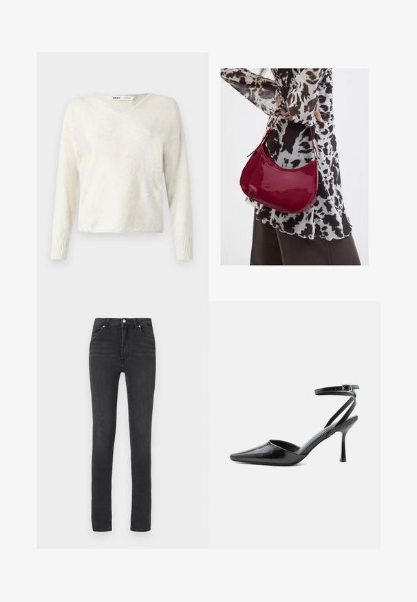 V-hals creme sweater lavet af blødt materiale, med lange ærmer og ribbede manchetter, i et let cropped, løst design.; Sorte skinny jeans med høj talje, lavet af stræk denim, med bæltestropper, minimal syning og et klassisk fem-lomme design.; Sort spids højhælet sko med tynde ankelremme og sølvspænde på en ensfarvet lys baggrund.; Kvinde iført en sort- og hvidmønstret bluse, der holder en blank rød skuldertaske mod en ensfarvet baggrund.