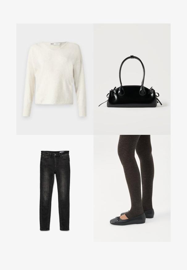 V-hals creme sweater lavet af blødt materiale, med lange ærmer og ribbede manchetter, i et let cropped, løst design.; Sorte denim skinny jeans med en mellemhøj talje, klassisk 5-lomme design, let falmning på hofterne og lukning med metalknap.; Ben iført mørke ribbede leggings kombineret med sorte balletsko med små sløjfedetaljer på hvid baggrund.; Lille sort blank håndtaske med to lange håndtag og snøre-detaljer i siden på en ensfarvet lys baggrund.