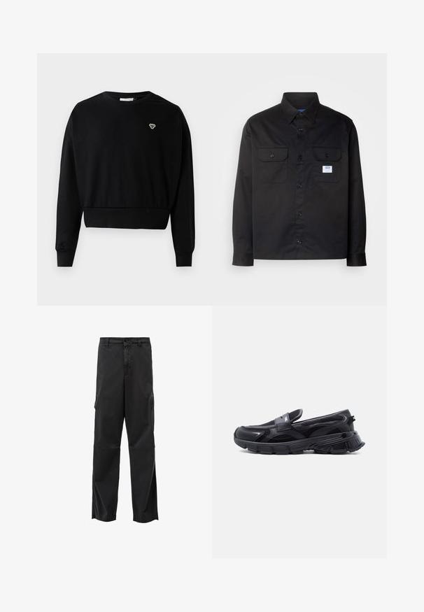 Sort cropped sweatshirt med rund halsudskæring, lange ærmer og et lille broderet logo på brystet, lavet af en blød bomuldsblanding.; Sort langærmet skjorte lavet af bomuld. Har en knaplukning, to brystlommer og et lille logo mærke på den venstre lomme.; Sorte cargo bukser med lige skæring, knaplukning og sidelommer. Glat stof med mat finish og uden synlige mønstre.; Sort slip-on sneaker med tyk tekstureret sål og meshpaneler, designet til afslappet og atletisk brug.