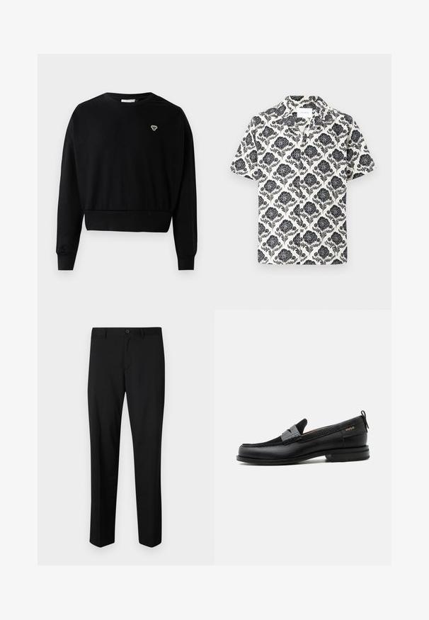 Sweatshirt noir cropped avec un col rond, des manches longues et un petit logo brodé sur la poitrine, fabriqué en mélange de coton doux.; Chemise à manches courtes avec un motif floral noir sur fond crème, dotée d'un col et d'une coupe décontractée.; Pantalons noirs ajustés avec une coupe plate, taille standard et jambes droites. Fabriqués en tissu lisse, dotés d'une fermeture à un bouton.; Mocassin en cuir noir avec détail de bride grise, talon bas et semelle texturée, marqué "HUGO" en or sur le côté.