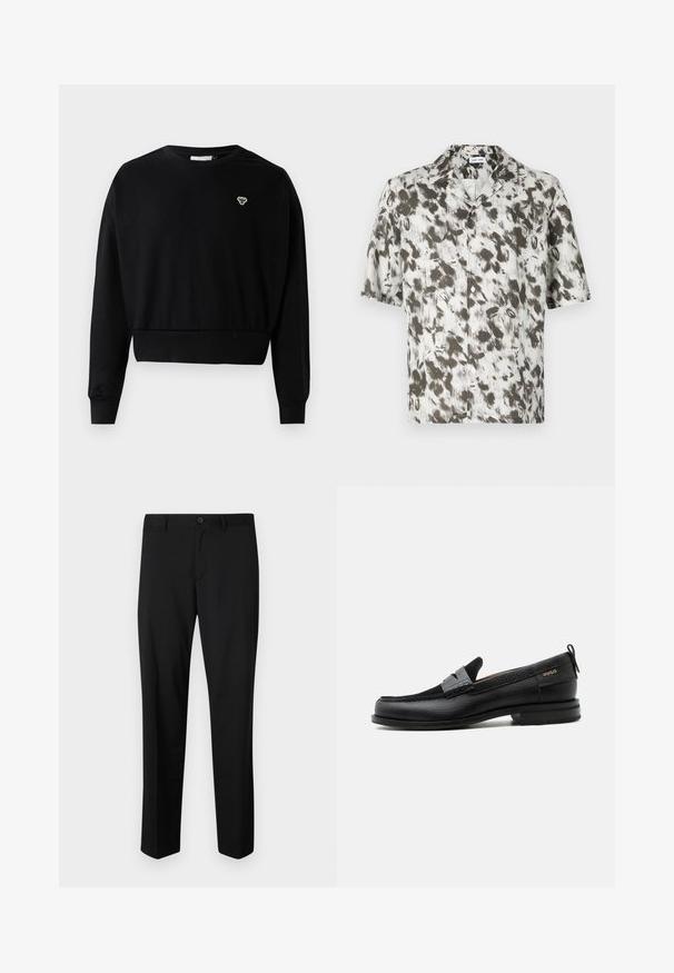 Sort cropped sweatshirt med rund halsudskæring, lange ærmer og et lille broderet logo på brystet, lavet af en blød bomuldsblanding.; Kortærmet skjorte med knapper i let stof, med en hvid bund og et abstrakt mønster i sort og grå samt en revet krave.; Sorte skræddersyede bukser med flad front, standard talje og lige ben. Lavet af glat stof, med en enkelt knaplukning.; Sort læderloafer med grå remdetalje, lav hæl og tekstureret sål, mærket med "HUGO" i guld på siden.