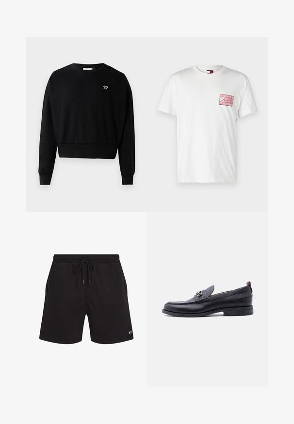 Sort cropped sweatshirt med rund halsudskæring, lange ærmer og et lille broderet logo på brystet, lavet af en blød bomuldsblanding.; Hvid bomulds t-shirt med korte ærmer, der har et rødt grafisk logo på venstre brystlommeområde. Klassisk design med rund hals.; Sorte afslappede shorts med elastisk talje og snor, med et lille rektangulært logo på venstre ben nederst.; Sort lædermokasin med grå tekstureret forfod, sølvfarvet metalspænde, lav hæl og trækflap bagpå.