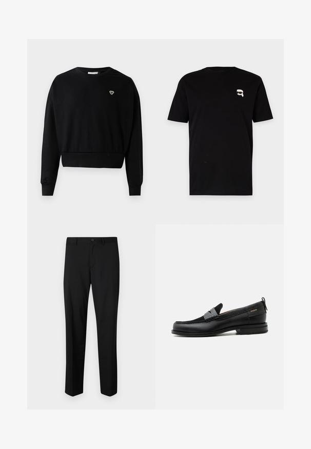 Zwarte cropped sweatshirt met een ronde nek, lange mouwen en een klein geborduurd logo op de borst, gemaakt van een zachte katoenmix.; Zwarte katoenen t-shirt met korte mouwen, voorzien van een kleine witte graphic van een personage met een bril op de linkerborst. Klassiek ronde hals ontwerp.; Zwarte op maat gemaakte broek met een platte voorkant, standaard taille en rechte pijpen. Gemaakt van een gladde stof, met een enkele knoopsluiting.; Zwarte leren loafer met grijs riemdetailelement, lage hak en gestructureerde zool, aan de zijkant gebrandmerkt met "HUGO" in goud.