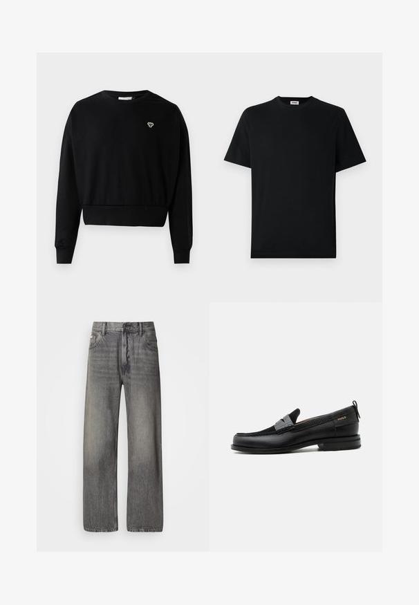 Sort cropped sweatshirt med rund halsudskæring, lange ærmer og et lille broderet logo på brystet, lavet af en blød bomuldsblanding.; Simpel sort kortærmet T-shirt med rund hals, præsenteret fladt mod en hvid baggrund, med et lille mærke syet ind i kraven.; Vide bukser i mørkegråt denim med en falmet finish. Har klassisk fem-lomme design og bæltestropper.; Sort læderloafer med grå remdetalje, lav hæl og tekstureret sål, mærket med "HUGO" i guld på siden.