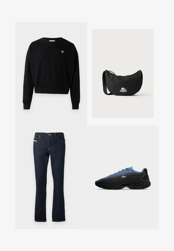 Sort cropped sweatshirt med rund halsudskæring, lange ærmer og et lille broderet logo på brystet, lavet af en blød bomuldsblanding.; Marineblå denim jeans med lige snit, der har orange syninger, en metalknaplukning og et lille logo på baglommen.; Lavprofileret sportssko med blå overdel, sort sål, snørelukning og lille hvid krokodille-logo på siden.; Sort Lacoste skuldertaske med buet form, justerbar rem og hvidt præget krokodillelogo over mærkenavnet foran.