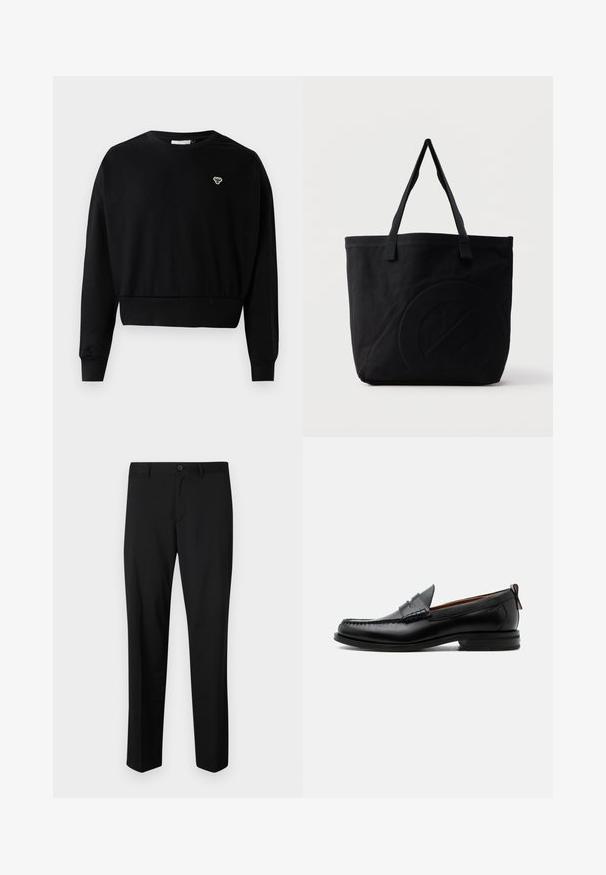 Sort cropped sweatshirt med rund halsudskæring, lange ærmer og et lille broderet logo på brystet, lavet af en blød bomuldsblanding.; Sorte skræddersyede bukser med flad front, standard talje og lige ben. Lavet af glat stof, med en enkelt knaplukning.; Sort læder herre loafer med moc-tå syning, penny strop, struktureret krave og lav stablet hæl på hvid baggrund.; Sort canvas-tote-taske med to skulderstropper og et diskret præget cirkeldesign på fronten.