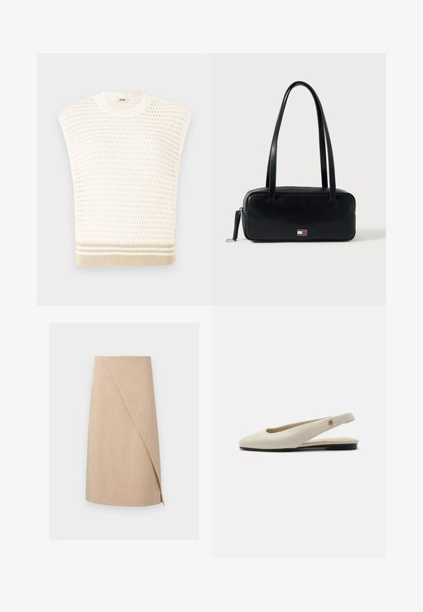 Strikket udenærmet top i creme med et tekstureret mønster. Har en rund halsudskæring og en beige-stribet kant. Let og åndbar design.; Beige knælang slå-om-nederdel med fint tekstureret stof og asymmetrisk frontoverlæg.; Flatsko i cremefarvet læder med rundet tå og lille guldemblem på remmen.; Sort læderhåndtaske med rektangulær form, flad bund, to skulderremme og en lille logodetalje foran. Glat tekstur.