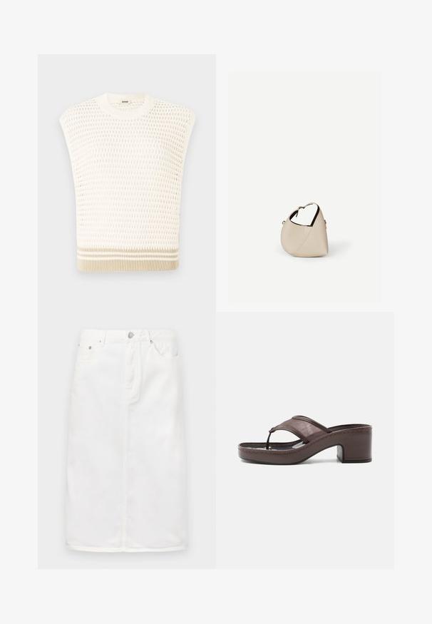 Strikket udenærmet top i creme med et tekstureret mønster. Har en rund halsudskæring og en beige-stribet kant. Let og åndbar design.; Hvid denimnederdel med lynlås foran, fem lomme-design og lige silhuet med stikninger.; Brun sandal med hæl med mesh-rem og tæst design, med blokhæl og syet sål, vist i profil mod hvid baggrund.; Beige læder håndtaske i halvmåneform med en enkelt skulderrem og minimal syning, sat mod en ensartet hvid baggrund.