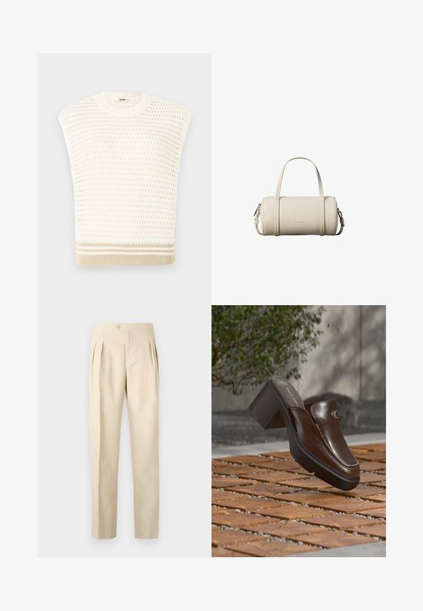 Top sans manches en tricot crème avec un motif texturé. Caractéristiques d'un col rond et d'un ourlet à rayures beiges. Design respirant et léger.; Pantalons beiges taille haute avec plis avant, fermeture à bouton unique et coupe droite. Fabriqués à partir d'un tissu texturé et tissé.; Mule à talon en cuir marron Calvin Klein flottant au-dessus d'un sol en carrelage en bois avec en arrière-plan une plante verte et un mur flous.; Petit sac à main cylindrique beige en cuir avec deux poignées, une bandoulière amovible et le logo Calvin Klein à l'avant.