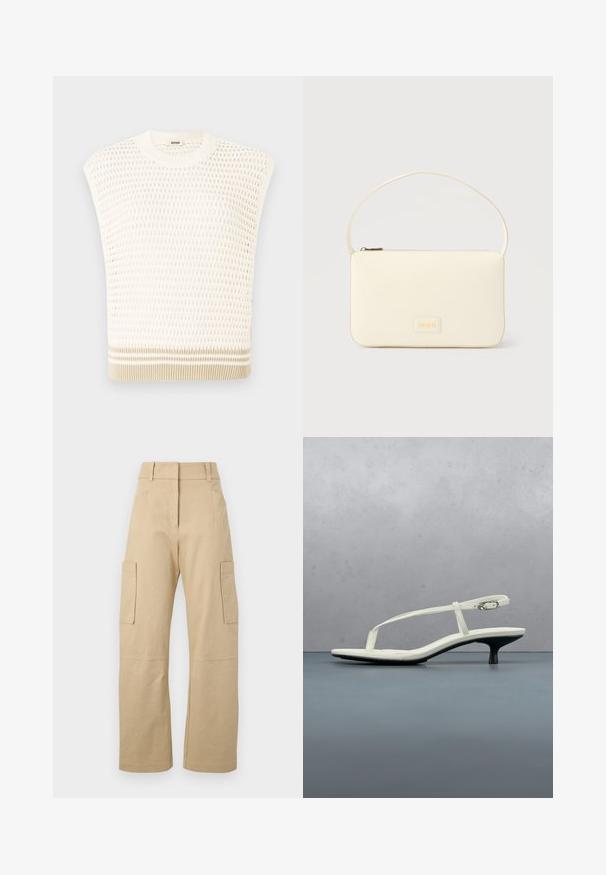 Strikket udenærmet top i creme med et tekstureret mønster. Har en rund halsudskæring og en beige-stribet kant. Let og åndbar design.; Beige cargo bukser lavet af bomuld, med høj talje, vide ben, to sidelommer og to store cargolommer på lårene.; Hvid sandal med stropper og kitten-hæl med spids tå, svævende over et trægulv udendørs med en sløret plante og væg i baggrunden.; Kremfarvet rektangulær håndtaske med en enkelt rem og lynlås øverst, med en lille præget logo-plakette foran.