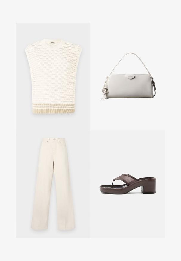 Top sans manches en tricot crème avec un motif texturé. Caractéristiques d'un col rond et d'un ourlet à rayures beiges. Design respirant et léger.; Pantalons larges beiges à taille haute, fabriqués dans un tissu doux et texturé. Équipés d'un zip à bouton et de poches avant pour plus de fonctionnalité.; Sandale marron à talon avec lanière en mesh et design en tige, dotée d'un talon bloc et d'une semelle cousue, présentée de profil sur fond blanc.; Sac à main rectangulaire blanc Calvin Klein avec une seule poignée, design minimaliste et pampilles décoratives avec un charm métallique géométrique sur le côté.