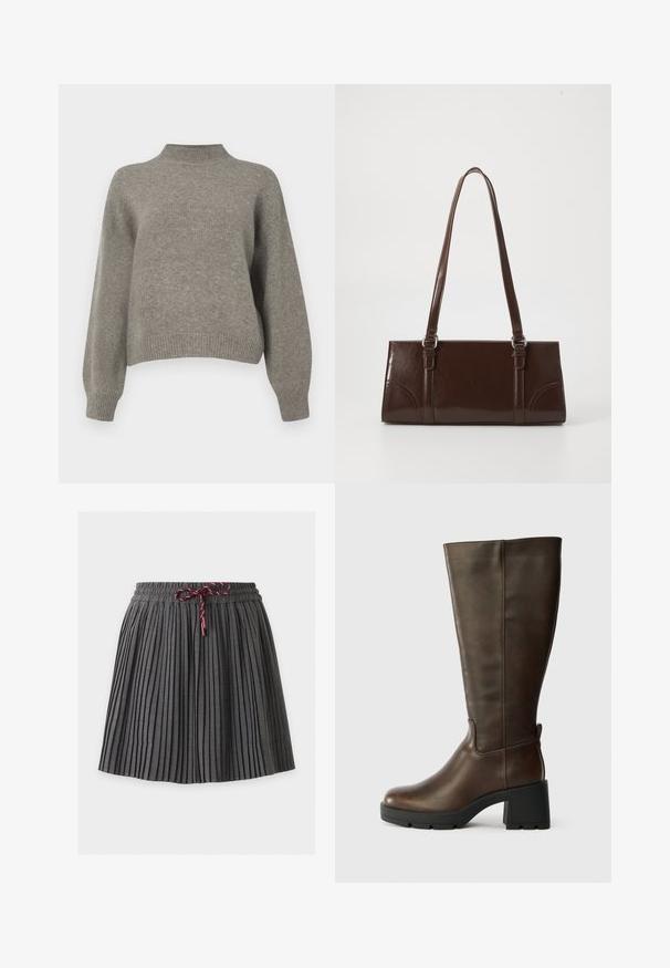 Pull en tricot gris clair avec un col montant, des épaules tombantes et des poignets et ourlet côtelés. Texture douce avec une coupe décontractée.; Jupe plissée gris foncé avec une taille élastique et un cordon bordeaux noué au centre devant.; Bottine en cuir marron jusqu'au genou avec un talon épais noir et une finition texturée. Présente un bout rond et des détails de couture latérale subtils.; Sac à main en cuir verni marron de forme rectangulaire, avec deux longues poignées et des accents courbés subtils à l'avant.