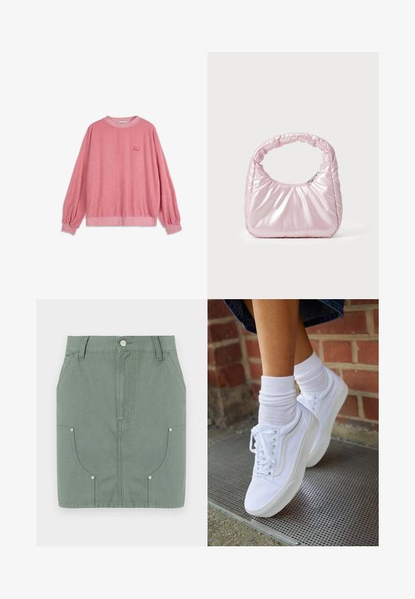 Bobo Choses TERRY - Sweatshirt - pink; Jupe en coton vert avec un design ajusté, dotée de poches avant, d'une texture lisse et de détails en métal sur les poches.; Baskets en toile blanches avec semelles en caoutchouc, dotées de six œillets, d'un bout rond et de détails de couture légers, portées avec des chaussettes blanches mi-mollet.; Sac à main rose rembourré avec un design arrondi, fabriqué à partir d'un matériau brillant. Dispose d'une poignée froncée et d'une fermeture éclair pour un accès sécurisé.