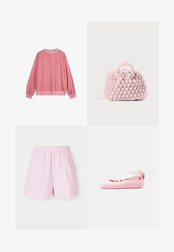 Bobo Choses TERRY - Sweatshirt - pink; Shorts roses clairs avec des rayures verticales blanches, dotés d'une taille élastique et d'une coupe ample, fabriqués en tissu doux et léger.; Ballerine rose pâle avec lacets blancs, bride de cheville à fermeture nouée et tirette argentée sur fond blanc uni.; Sac à main en pompon rose texturé avec une poignée tressée et une fine sangle. Forme ronde, surface douce, design compact.