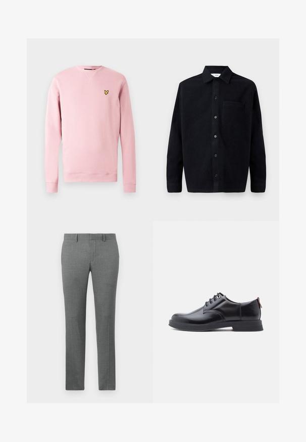 Lichtroze sweatshirt van zacht materiaal, met een ronde hals, geribbelde manchetten en een zwart logo op de linkerborst.; Zwarte wollen shirt met een hemdkraag, lange mouwen en een patchzak aan de linkerkant. Gladde textuur met subtiele zachtheid.; Grijze op maat gemaakte broek met een gladde textuur, rechte pijpdesign, riemlussen en een subtiel visgraatpatroon doorheen.; Zwarte leren veter schoenen met een gladde textuur, ronde neus en subtiel stiksel detail. Voorzien van een rode trekband op de hiel.
