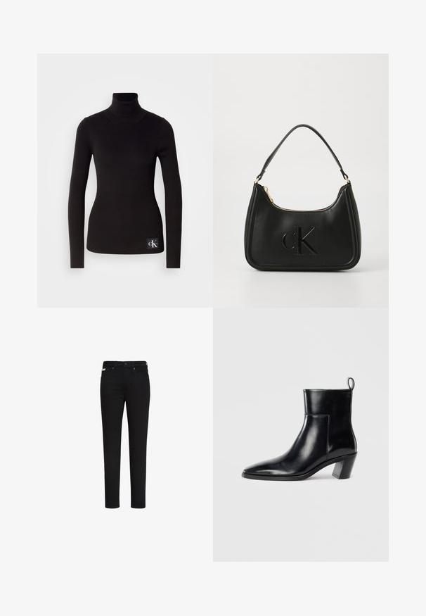 Pull à col roulé noir côtelé avec des manches longues et une silhouette ajustée ; présente un écusson de logo en bas à gauche.; Jean noir slim avec bouton et fermeture éclair à l’avant, avec poches avant et arrière et une petite étiquette sur la poche avant droite.; Bottine en cuir noir avec un bout pointu, un talon empilé géométrique et une languette à l'arrière. Texture lisse et design épuré.; Sac à main en cuir noir avec une forme courbée, doté d'une fermeture éclair dorée et d'un logo "cK" discret en relief. Texture lisse et une seule poignée.
