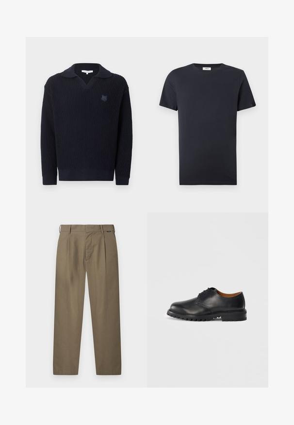 Pull en maille côtelée bleu marine foncé avec un col replié et un petit logo renard brodé sur le côté gauche de la poitrine.; T-shirt noir uni à manches courtes et col rond, avec une petite étiquette blanche à l'intérieur du col, sur fond blanc.; Pantalons kaki pour hommes à jambes droites avec passants pour ceinture, plis avant, et une fermeture dissimulée par boutons et zip.; Chaussure de cuir noire avec un bout arrondi, un design à lacets et une semelle en caoutchouc texturée. Présente des coutures contrastantes et une doublure intérieure marron.