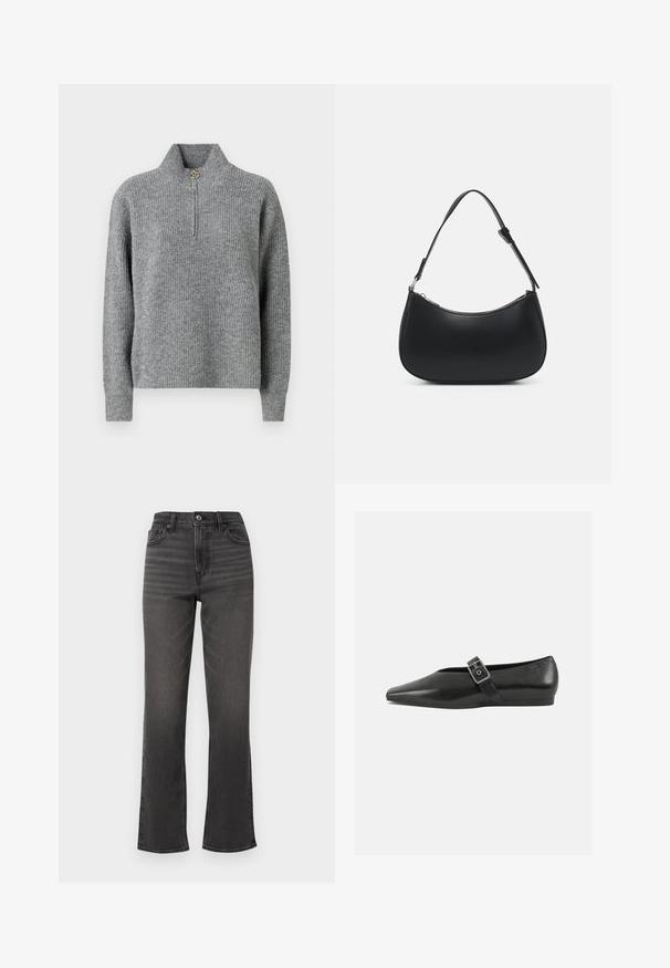 Pull en maille gris avec un col haut, demi-fermeture éclair, texture côtelée et manches longues. Présente un accent circulaire doré au niveau de la fermeture éclair.; Jean taille haute, jambe droite en denim gris foncé avec un léger effet délavé, poches avant et fermeture à un bouton. Design épuré et minimaliste.; Chaussure plate en cuir noir avec un orteil pointu, présentant une sangle à boucle métallique sur le cou-de-pied et une semelle basse et flexible.; Pieces PCALUANA SHOULDER BAG - Sac à main - black