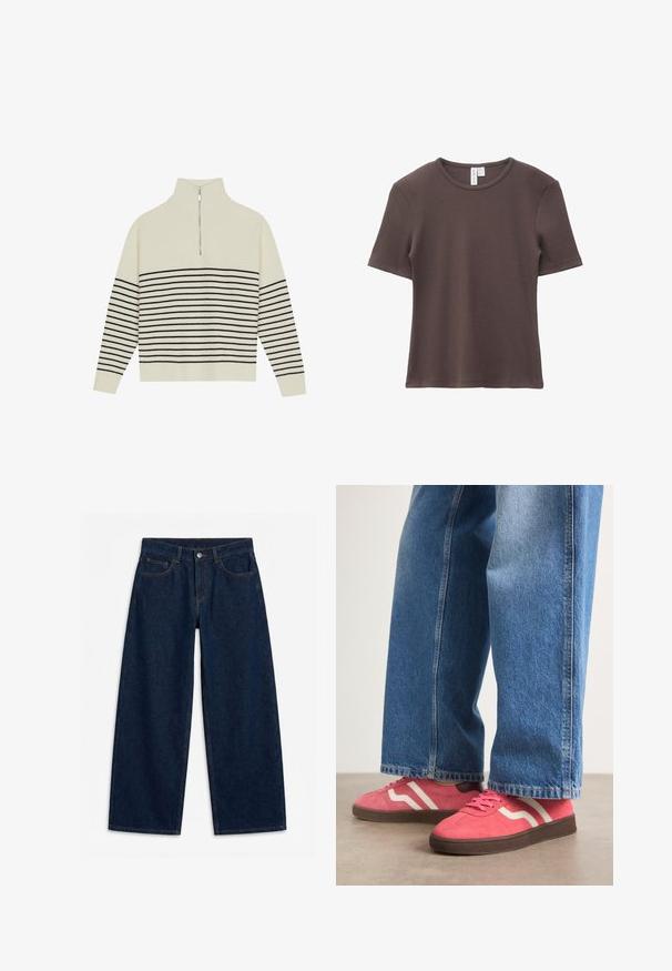 Cremefarvet pullover med høj krave, lodret ribbet tekstur og vandrette sorte striber over kroppen og ærmerne. Sølv lynlås detalje.; Kortærmet, mørkebrun ribstrikket T-shirt med rund halsudskæring og sømløse kanter, vist fladt på en hvid baggrund.; Mørkeblå vidde denimjeans med frontknap og lynlås, bæltestropper og femlomme-stil, lagt fladt på en hvid baggrund.; Lyserøde ruskinds sneakers med hvide bølgede striber og brune gummisåler, parret med lyseblå vidde denim jeans.