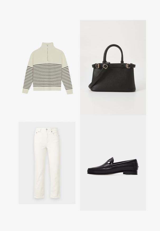 Cremefarvet pullover med høj krave, lodret ribbet tekstur og vandrette sorte striber over kroppen og ærmerne. Sølv lynlås detalje.; Off-white bukser med lige ben, frontknap og lynlåslukning, bæltestropper og forlommer, vist mod en ensfarvet baggrund.; Sort læderloafer med rundet tå, udskåret detalje på overdelen, syning langs kanten og en lav blokhæl på hvid baggrund.; Call it Spring Håndtasker - black
