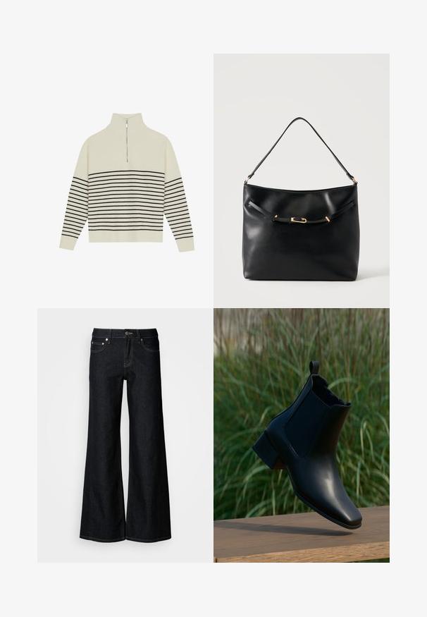 Pull crème avec un col haut, texture à côtes verticales et rayures noires horizontales sur le corps et les manches. Détail de fermeture éclair argenté.; Jean en denim foncé à jambes larges avec une taille haute, un design à cinq poches et une couture contrastée jaune le long des coutures.; Bottine en cuir noir à talon bloc équilibrée sur une surface en bois, fond d'herbe haute verte.; Sac à épaule en cuir noir avec une bandoulière unique et un petit détail de boucle dorée à l'avant, sur un fond clair uni.