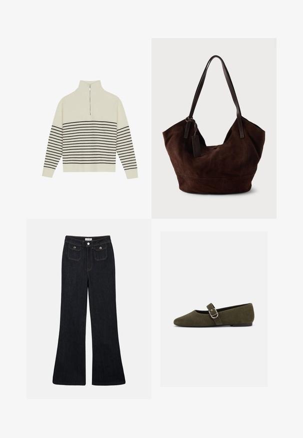 Cremefarvet pullover med høj krave, lodret ribbet tekstur og vandrette sorte striber over kroppen og ærmerne. Sølv lynlås detalje.; Sorte denim jeans med høj talje, flared ben, to frontlommer og orange syninger. Materialet ser solidt og glat ud.; Æblegrøn ruskind Mary Jane flad sko med sølvspænde og rundet tå, vist på en hvid baggrund.; Brun ruskind taske med en blød, slouchy form. Har læderhåndtag og et tag-accent. Enkelt tekstur med buede sømme.