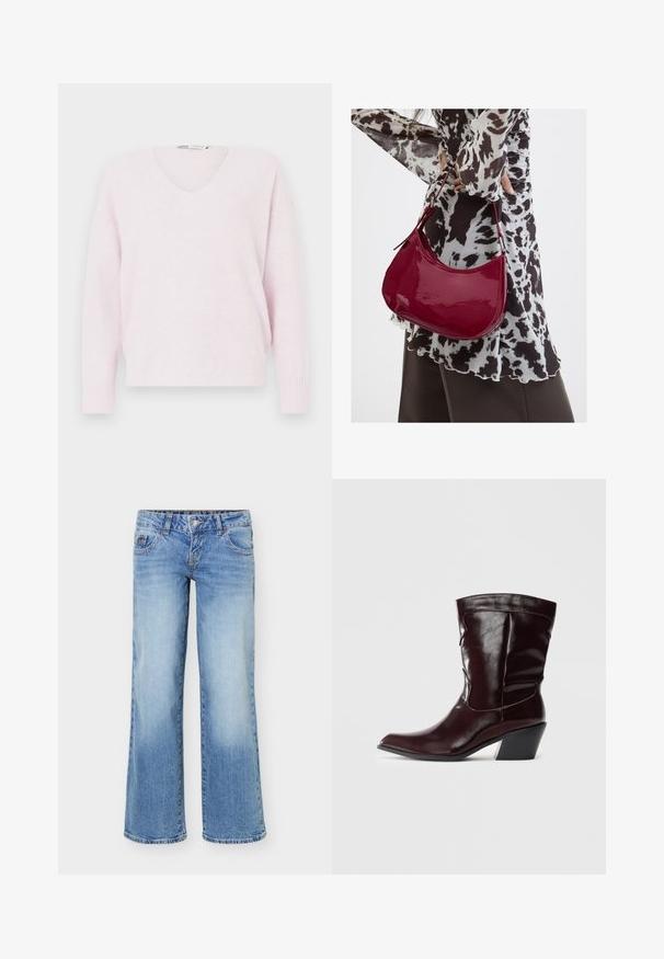 Pull-over en V rose clair en tissu doux, doté de manches longues et de poignets côtelés, avec une coupe décontractée et ample.; Jean en denim bleu clair avec une jambe légèrement évasée, style cinq poches, et une fermeture avant à boutons et zip.; Bottines en cuir bourgogne avec un bout pointu, une surface texturée et un petit talon effilé. Présente une couture discrète et un ajustement confortable.; Femme portant un chemisier à motif noir et blanc tenant un sac à main rouge brillant sur un fond uni.
