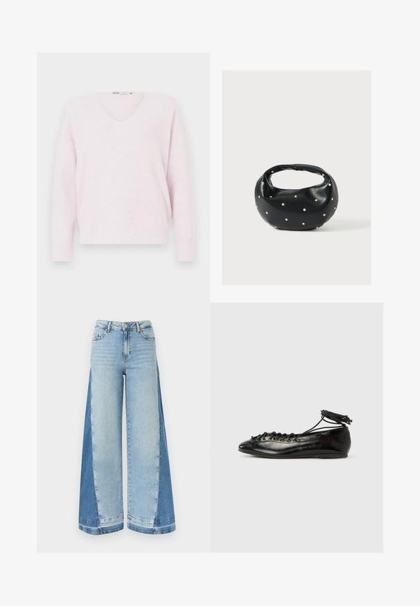 Pull-over en V rose clair en tissu doux, doté de manches longues et de poignets côtelés, avec une coupe décontractée et ample.; Jean à jambe large avec des panneaux avant bleu clair et des panneaux latéraux bleu foncé, équipé d'une fermeture à bouton et fermeture éclair avec passants pour ceinture.; Ballerines en cuir verni noir avec un bout rond, un design à lacets et une semelle plate. Texture lisse avec peu de détails.; Sac à main en cuir noir de forme arrondie, décoré de clous argentés et équipé d'une poignée courte. Texture lisse et fermeture éclair.