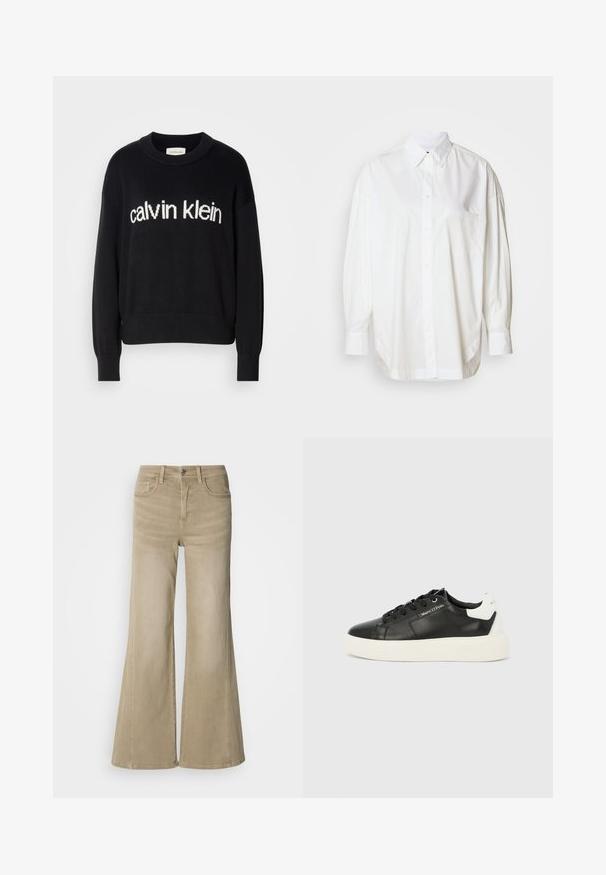 Pull en maille noir à manches longues avec col ras du cou et logo "calvin klein" blanc centré à l'avant.; Chemise blanche à manches longues, boutonnée, en coton, avec une poche sur le côté gauche de la poitrine et une coupe décontractée avec un ourlet courbé.; Jean large beige en denim coton durable, avec une fermeture à boutons, un design à cinq poches et des détails de couture subtils le long des coutures.; Baskets en cuir noir avec talon blanc, bout rond, semelle en caoutchouc blanche et lacets noirs. Logo sur le côté. Texture lisse.